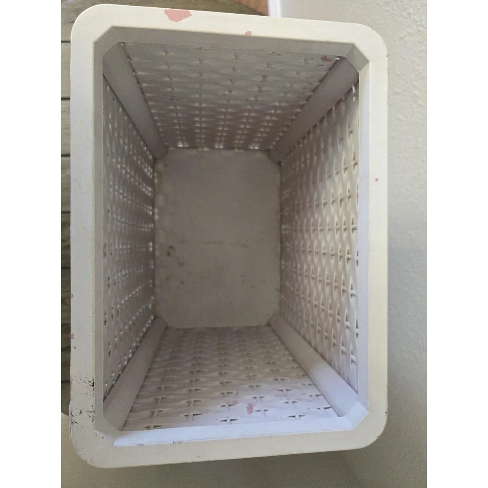 Vintage White Woven Wicker Trash Can Wastebasket Rectangle Shabby Chic MCM READ
